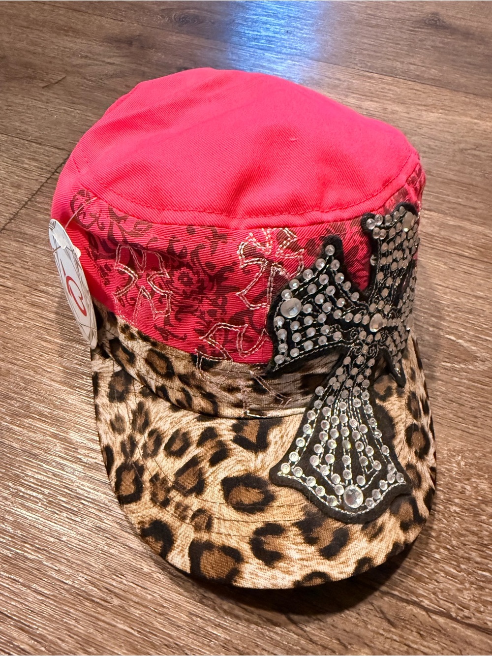 Ladies Pink & Leopard Print Cap with Rhinestone Cross Accent